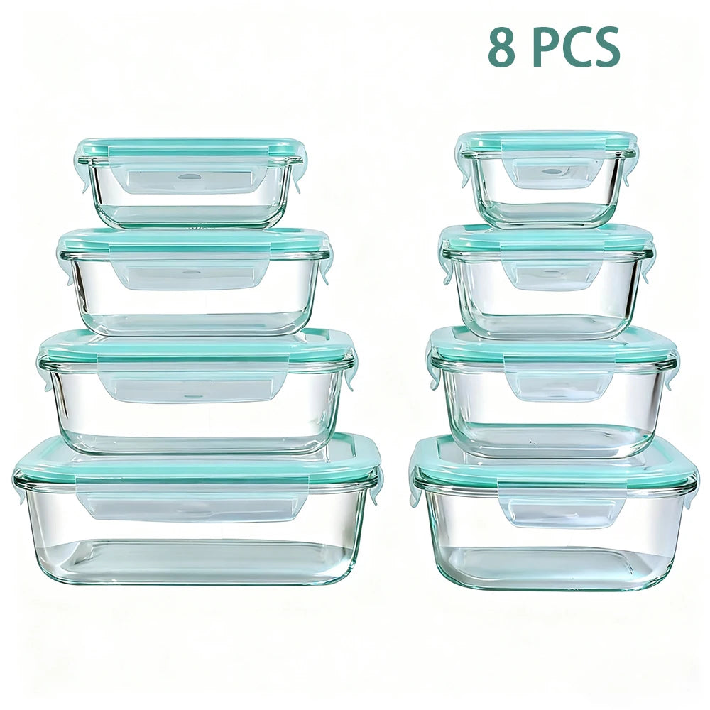 8PCS Glass Food Storage Containers Leakproof Airtight Stackable Kitchen Set