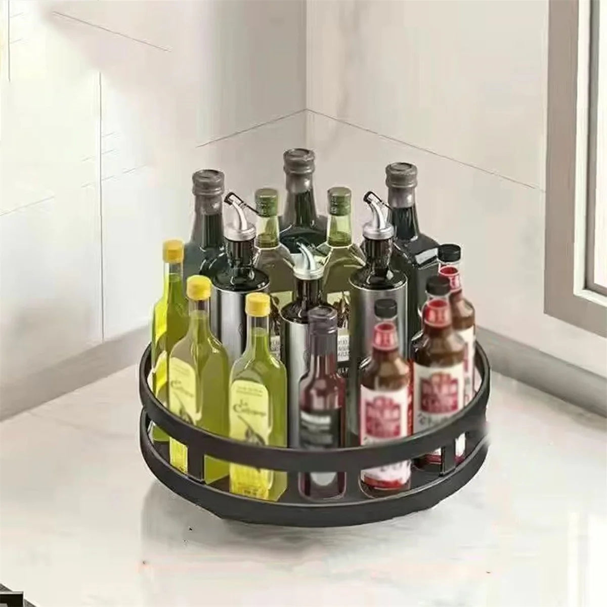 360° Rotation Spice Rack Organizer Carbon Steel Kitchen Storage Tray