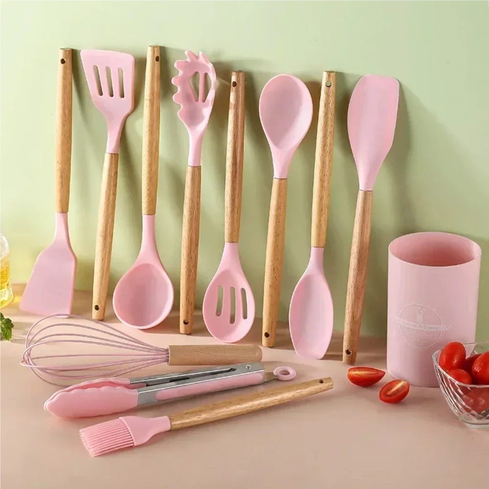 12PCS Silicone Kitchenware Non-Stick Cookware Kitchen Utensils Set Spatula Shovel Egg Beaters Wooden Handle Cooking Tool Set