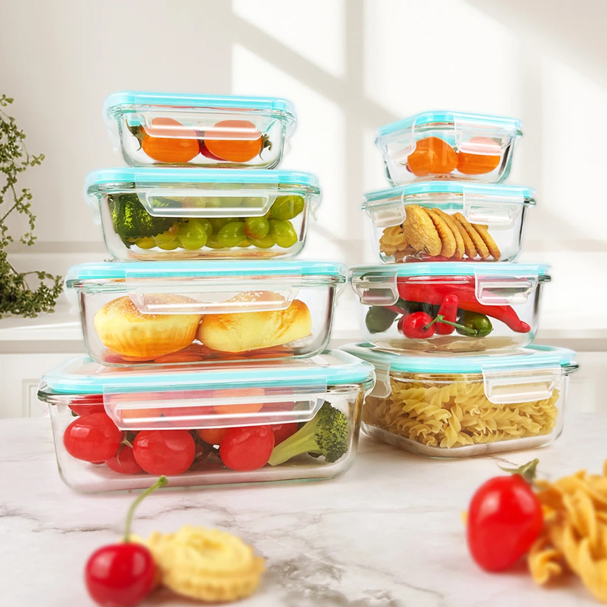 8PCS Glass Food Storage Containers Leakproof Airtight Stackable Kitchen Set