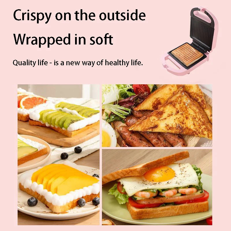 Portable Electric Sandwich Maker Home Multifunctional Machine Non-Stick Breakfast Maker Waffle Baking Pan Pot Pink Red Color