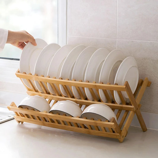 8/16 Grid Folding Bamboo Dish Rack Utensil Plate Holder