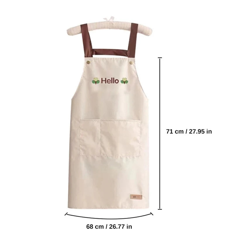 Hello Letter Printed Waterproof Kitchen Apron With Large Storage Pocket