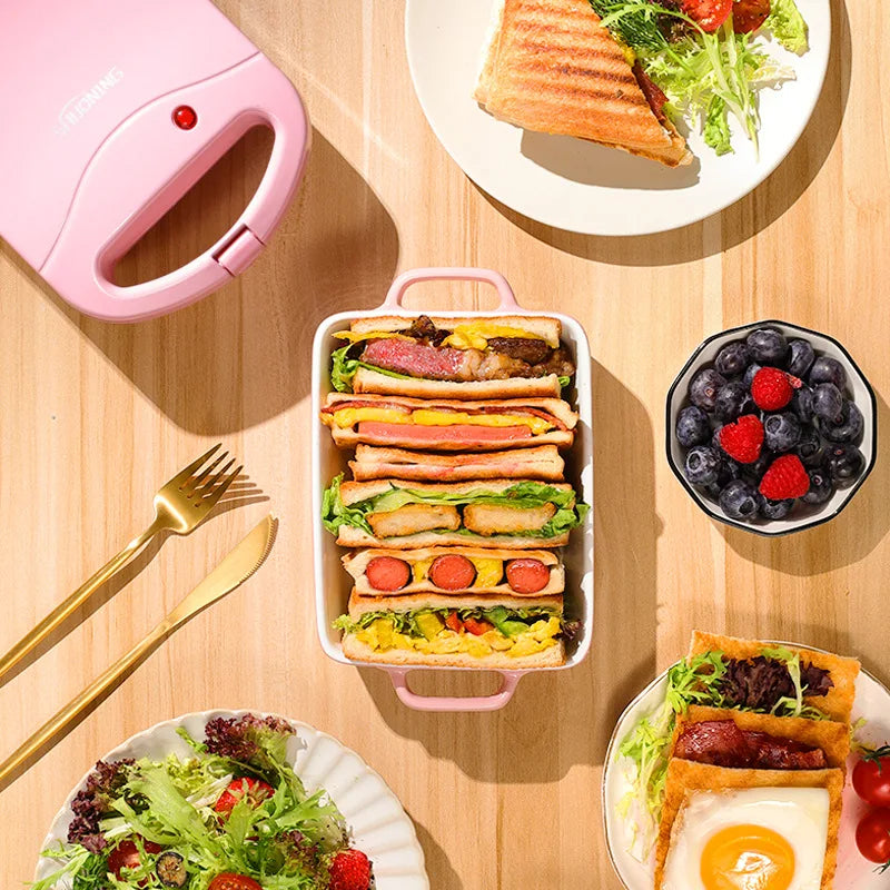 Portable Electric Sandwich Maker Home Multifunctional Machine Non-Stick Breakfast Maker Waffle Baking Pan Pot Pink Red Color