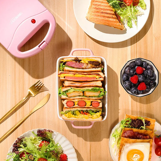Portable Electric Sandwich Maker Home Multifunctional Machine Non-Stick Breakfast Maker Waffle Baking Pan Pot Pink Red Color