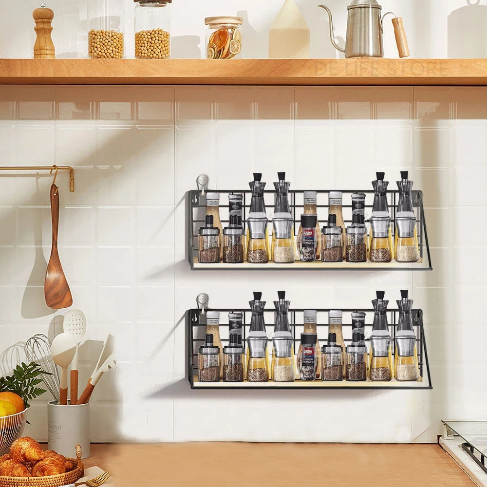 Hanging Wooden Spice Rack Wall Kitchen Organizer Seasoning Shelf