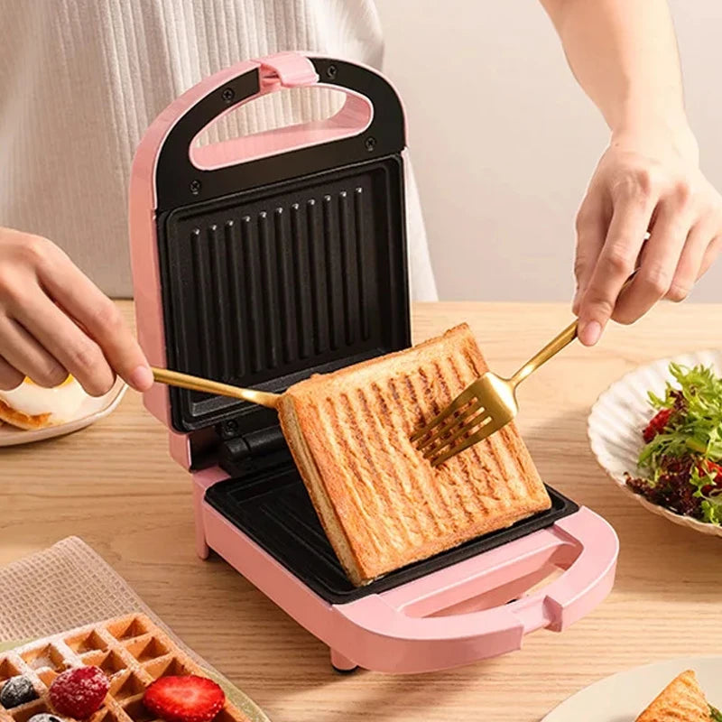Portable Electric Sandwich Maker Home Multifunctional Machine Non-Stick Breakfast Maker Waffle Baking Pan Pot Pink Red Color