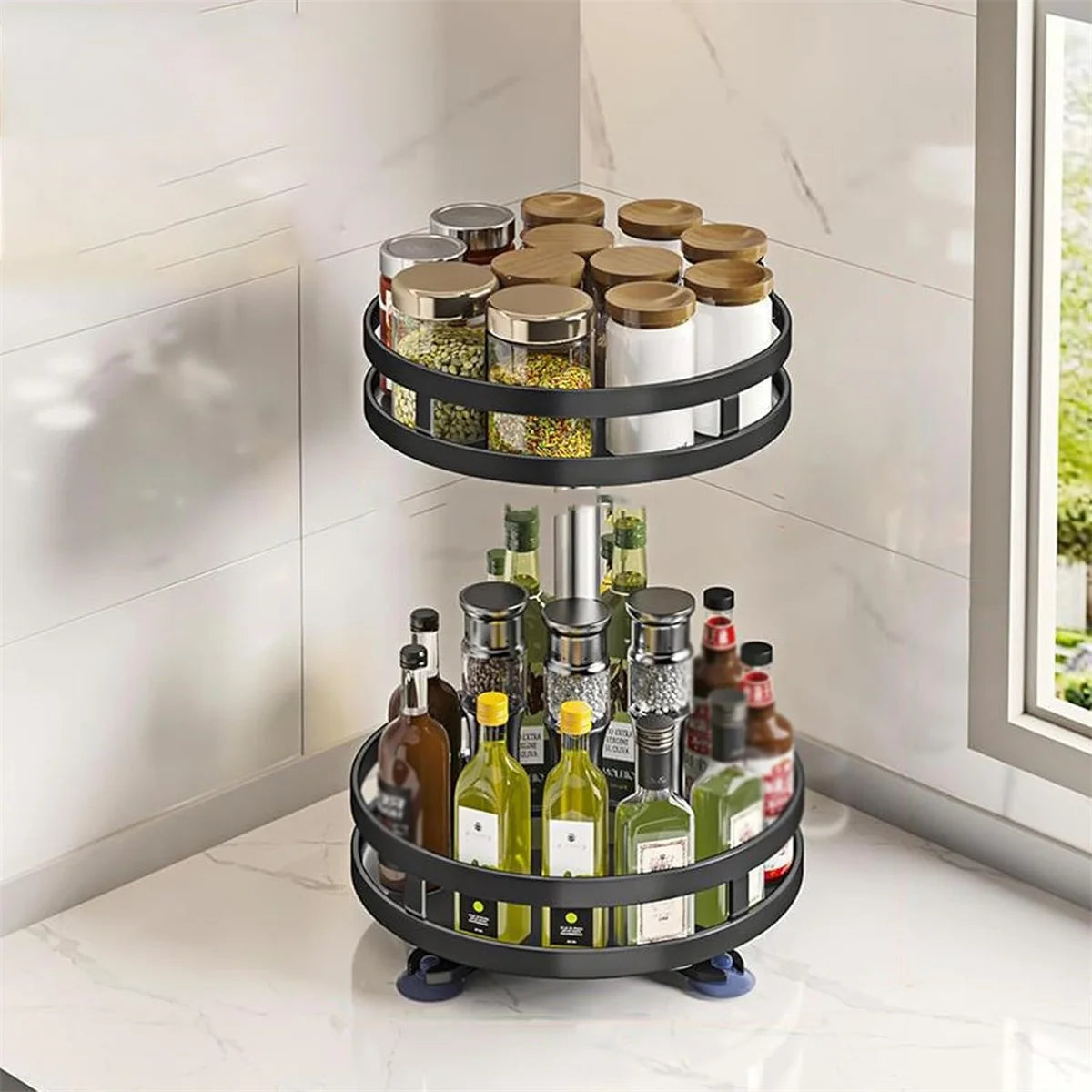 360° Rotation Spice Rack Organizer Carbon Steel Kitchen Storage Tray