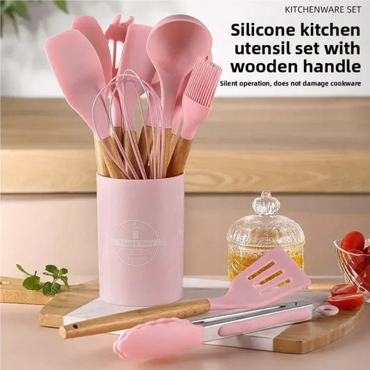 12PCS Silicone Kitchenware Non-Stick Cookware Kitchen Utensils Set Spatula Shovel Egg Beaters Wooden Handle Cooking Tool Set