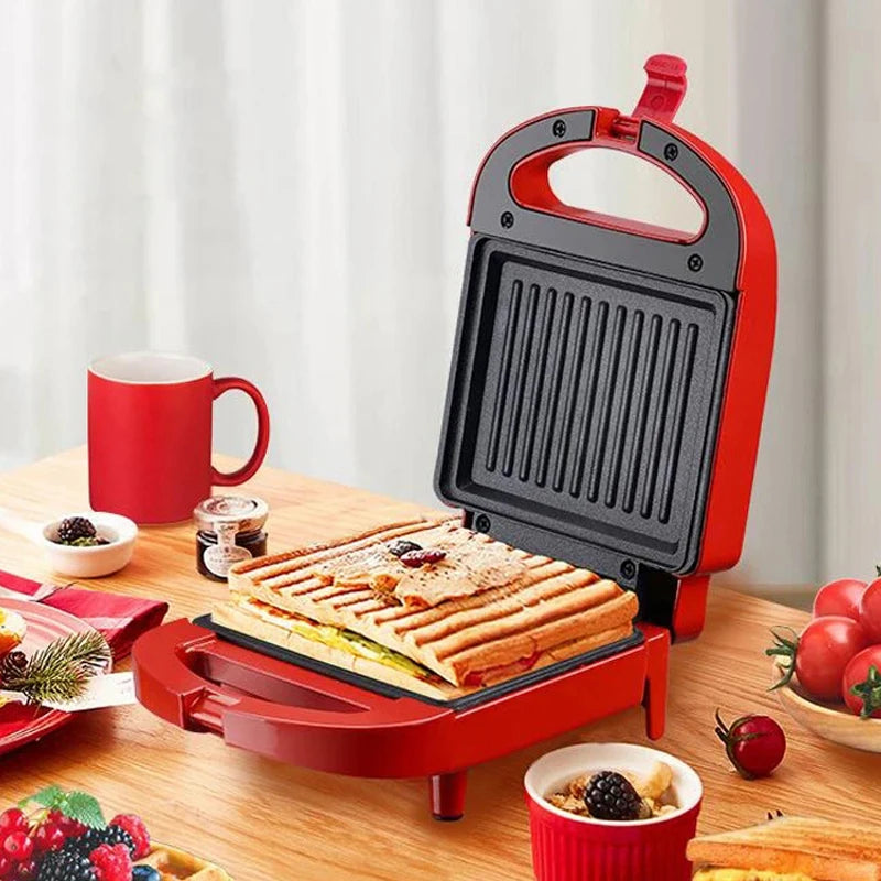 Portable Electric Sandwich Maker Home Multifunctional Machine Non-Stick Breakfast Maker Waffle Baking Pan Pot Pink Red Color