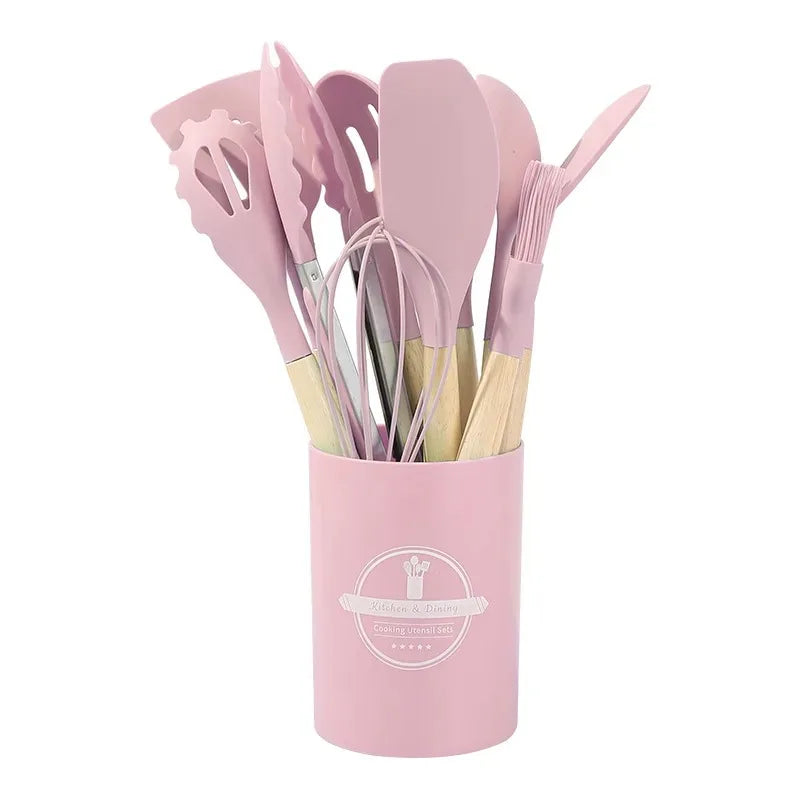 12PCS Silicone Kitchenware Non-Stick Cookware Kitchen Utensils Set Spatula Shovel Egg Beaters Wooden Handle Cooking Tool Set