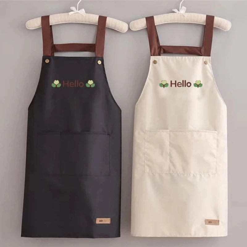 Hello Letter Printed Waterproof Kitchen Apron With Large Storage Pocket