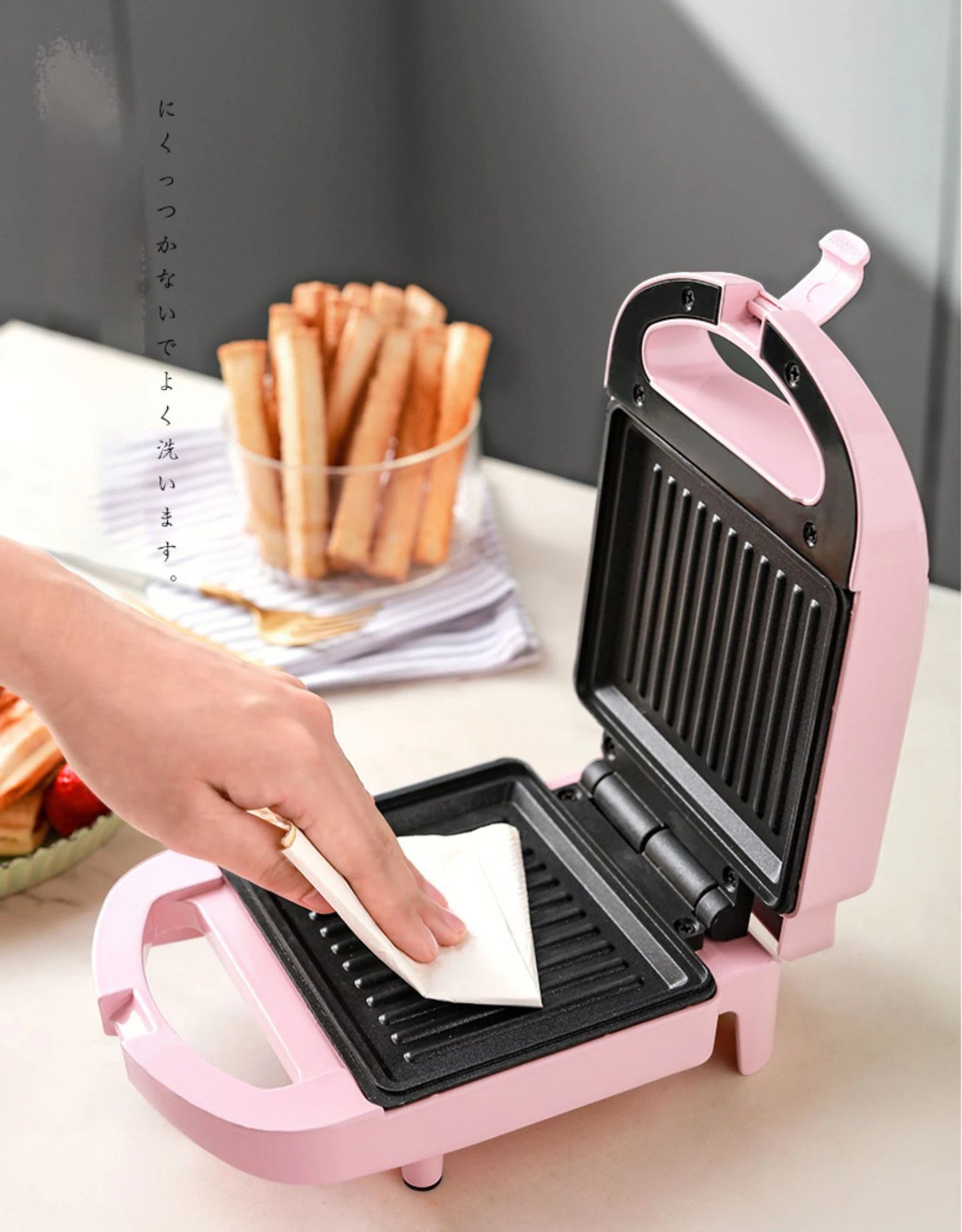 Portable Electric Sandwich Maker Home Multifunctional Machine Non-Stick Breakfast Maker Waffle Baking Pan Pot Pink Red Color