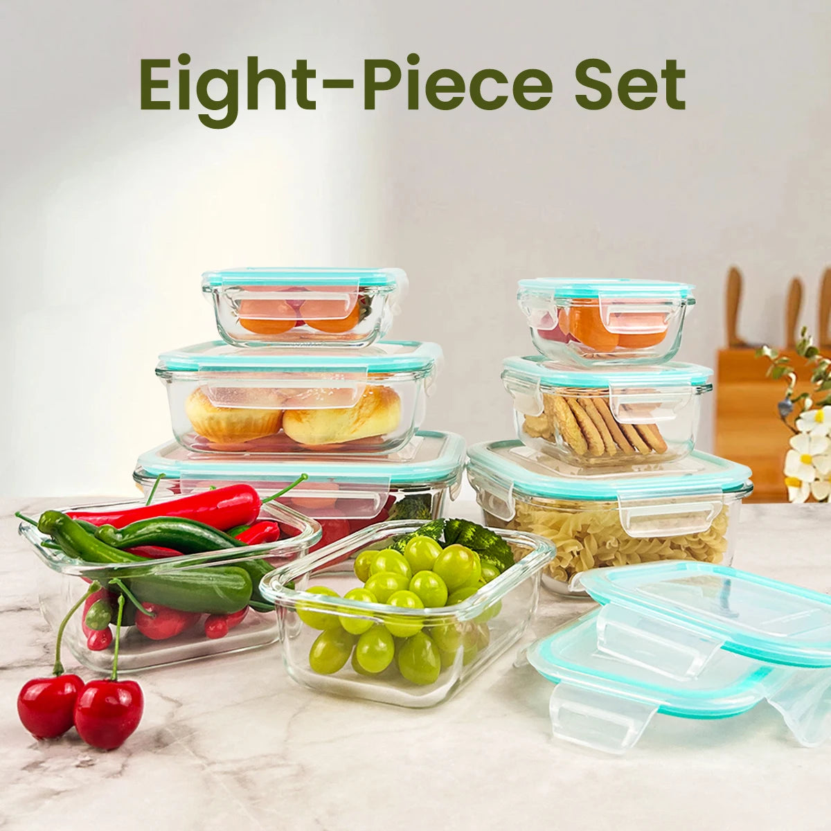 8PCS Glass Food Storage Containers Leakproof Airtight Stackable Kitchen Set