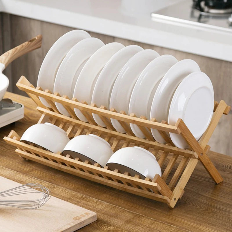 8/16 Grid Folding Bamboo Dish Rack Utensil Plate Holder