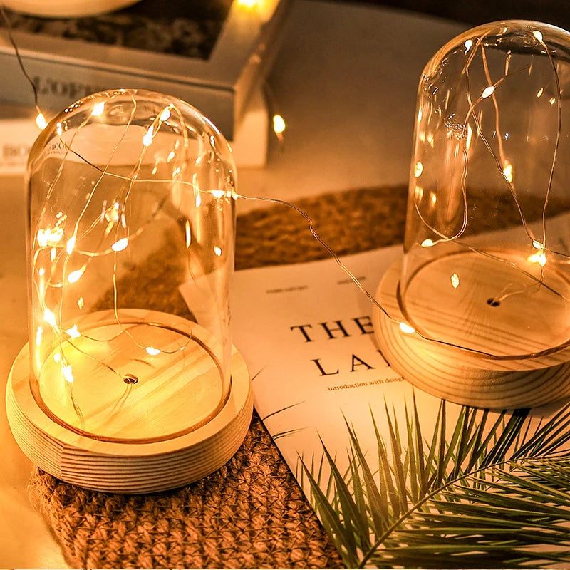 Glass Dome Wooden Base LED Light Decorative Cloche Vase Display
