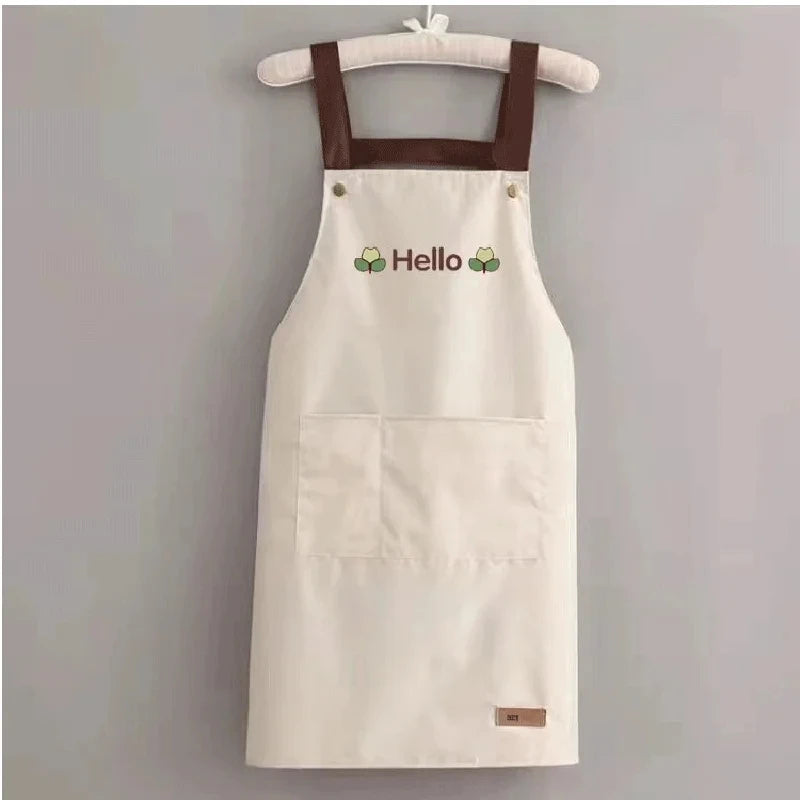 Hello Letter Printed Waterproof Kitchen Apron With Large Storage Pocket