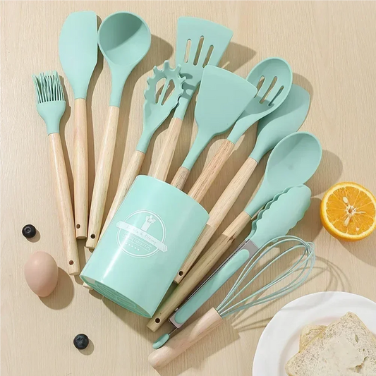 12PCS Silicone Kitchenware Non-Stick Cookware Kitchen Utensils Set Spatula Shovel Egg Beaters Wooden Handle Cooking Tool Set