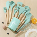 12PCS Silicone Kitchenware Non-Stick Cookware Kitchen Utensils Set Spatula Shovel Egg Beaters Wooden Handle Cooking Tool Set
