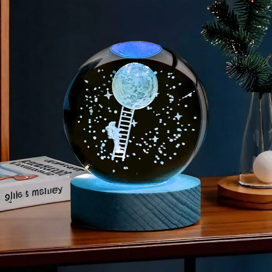 3D Engraved Astronaut Moon Crystal Ball Colorful Night Light Decor