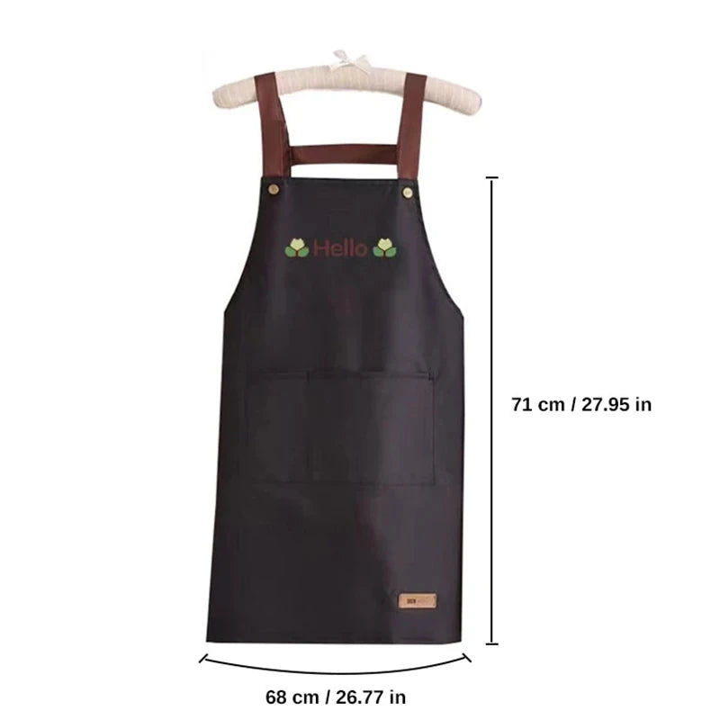 Hello Letter Printed Waterproof Kitchen Apron With Large Storage Pocket