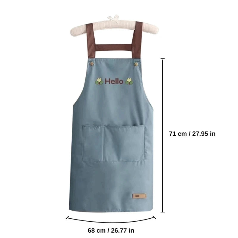 Hello Letter Printed Waterproof Kitchen Apron With Large Storage Pocket