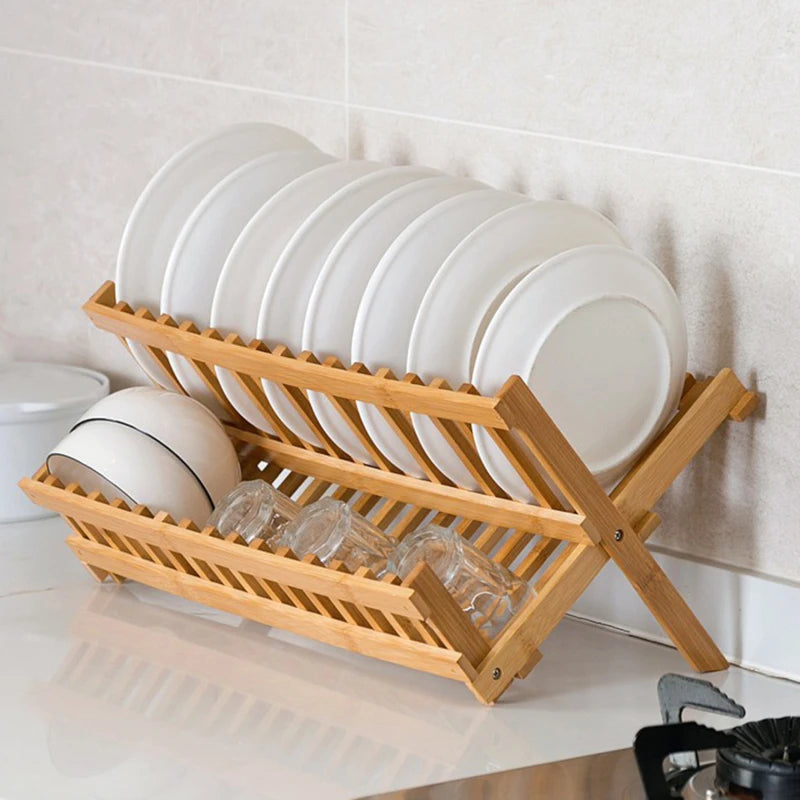 8/16 Grid Folding Bamboo Dish Rack Utensil Plate Holder