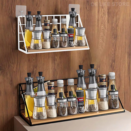 Hanging Wooden Spice Rack Wall Kitchen Organizer Seasoning Shelf