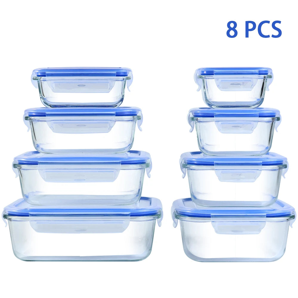 8PCS Glass Food Storage Containers Leakproof Airtight Stackable Kitchen Set